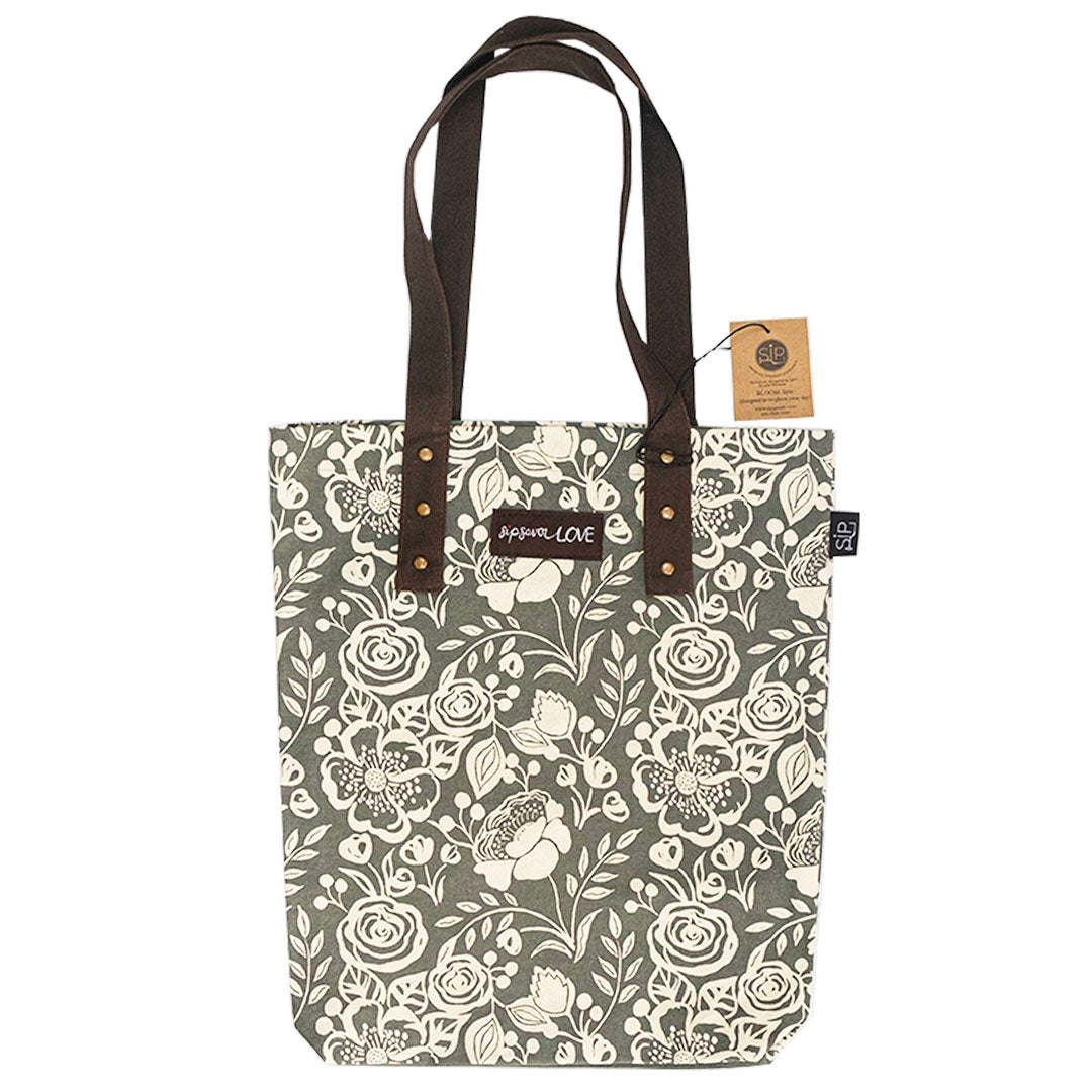 Gray Floral Canvas Tote Bag Organic Cotton Slate Design SIP seriously imbibed products