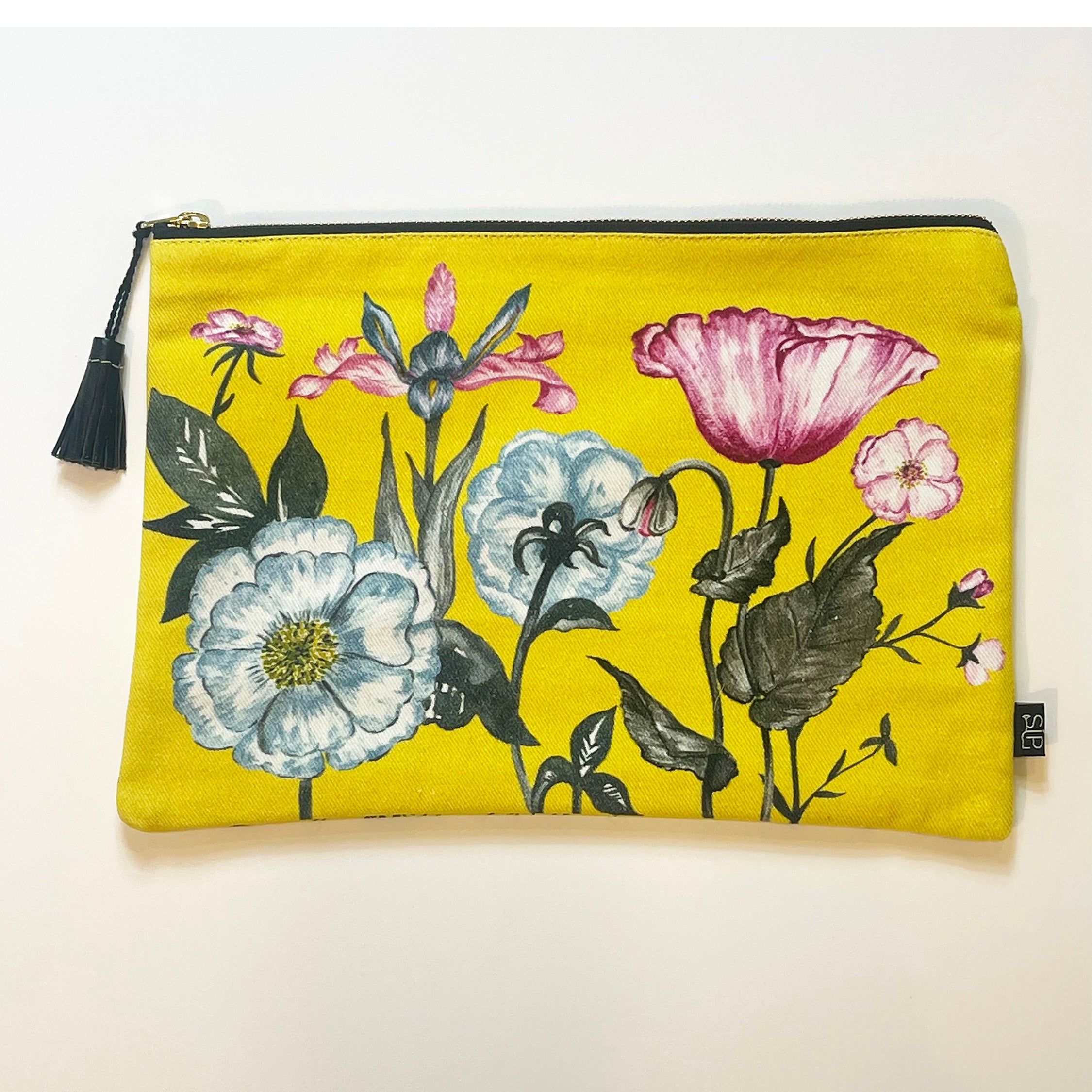 Yellow Floral Large Clutch Bag Purse Organic Cotton