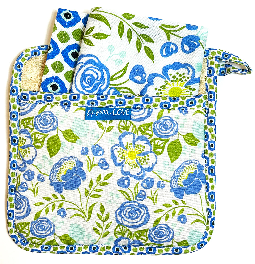 Blue Floral Kitchen Dish Towel, Organic Cotton Bloom Design