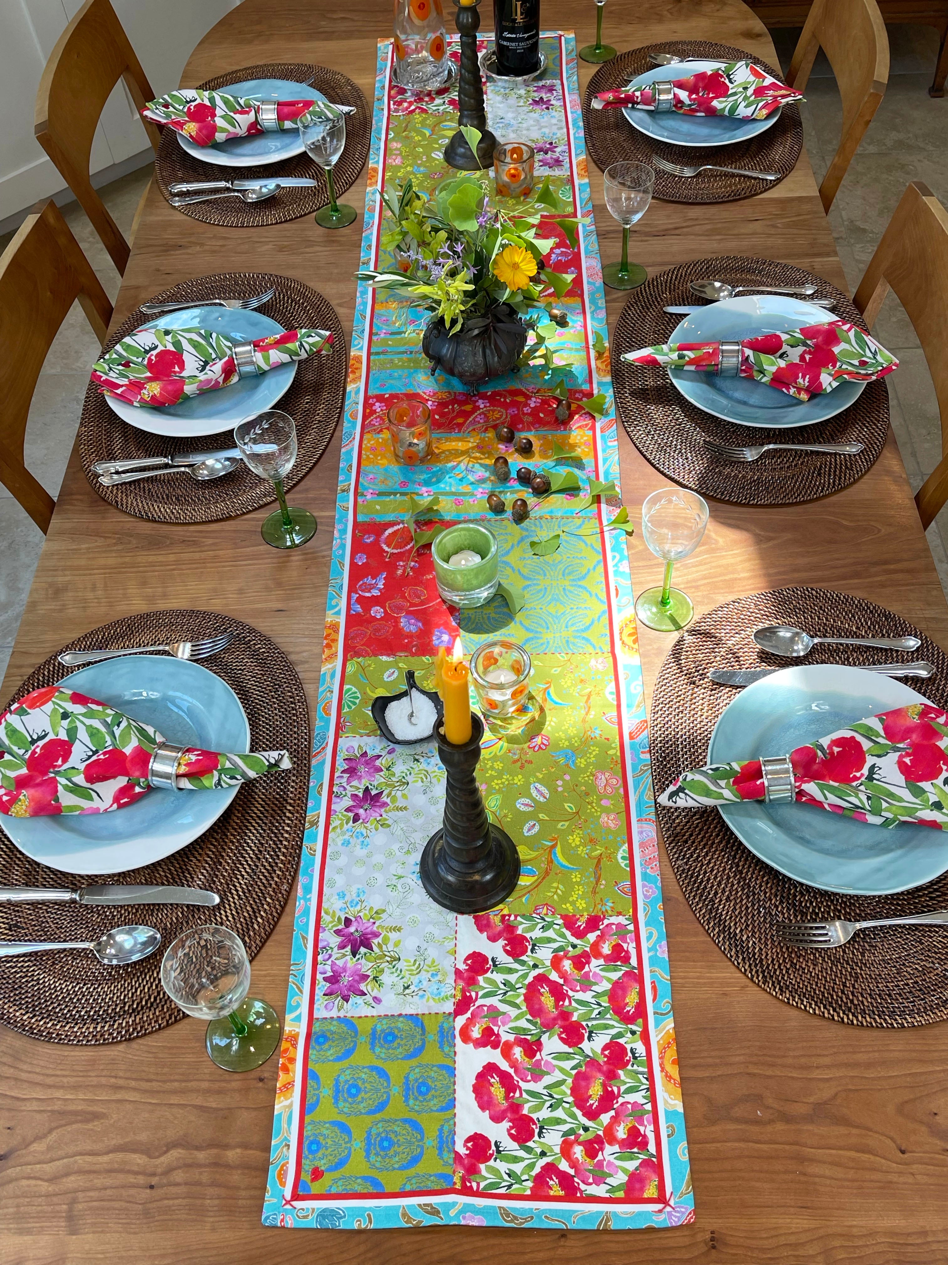 Fiesta shops Handwoven Table Runner, unique overshot structure, washable, 100% biodegradable Tencel, eco-friendly, southwestern color