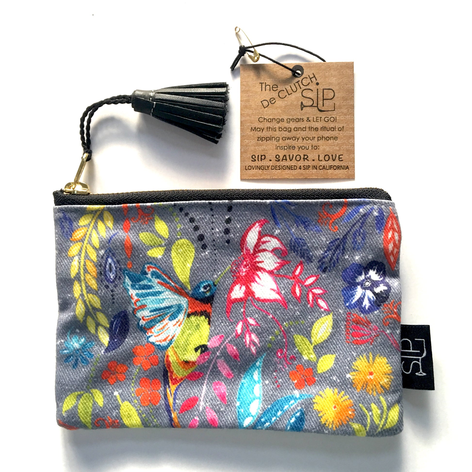Colorful Hummingbird Polka Dot Mini Clutch Bag Purse, Organic Cotton Happy Hummingbird Design