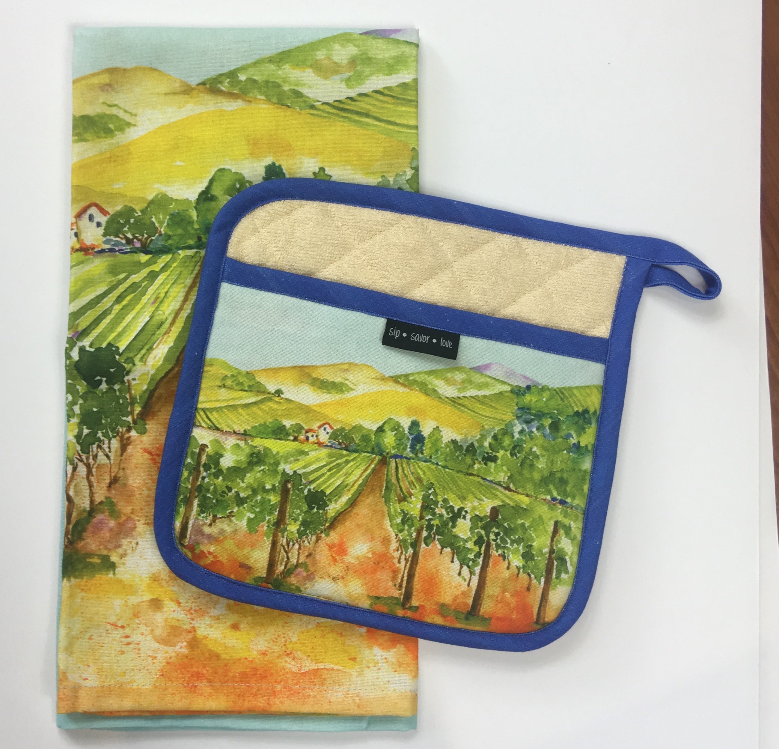 "Among The Vines" Pot Holder (blue or green trim)