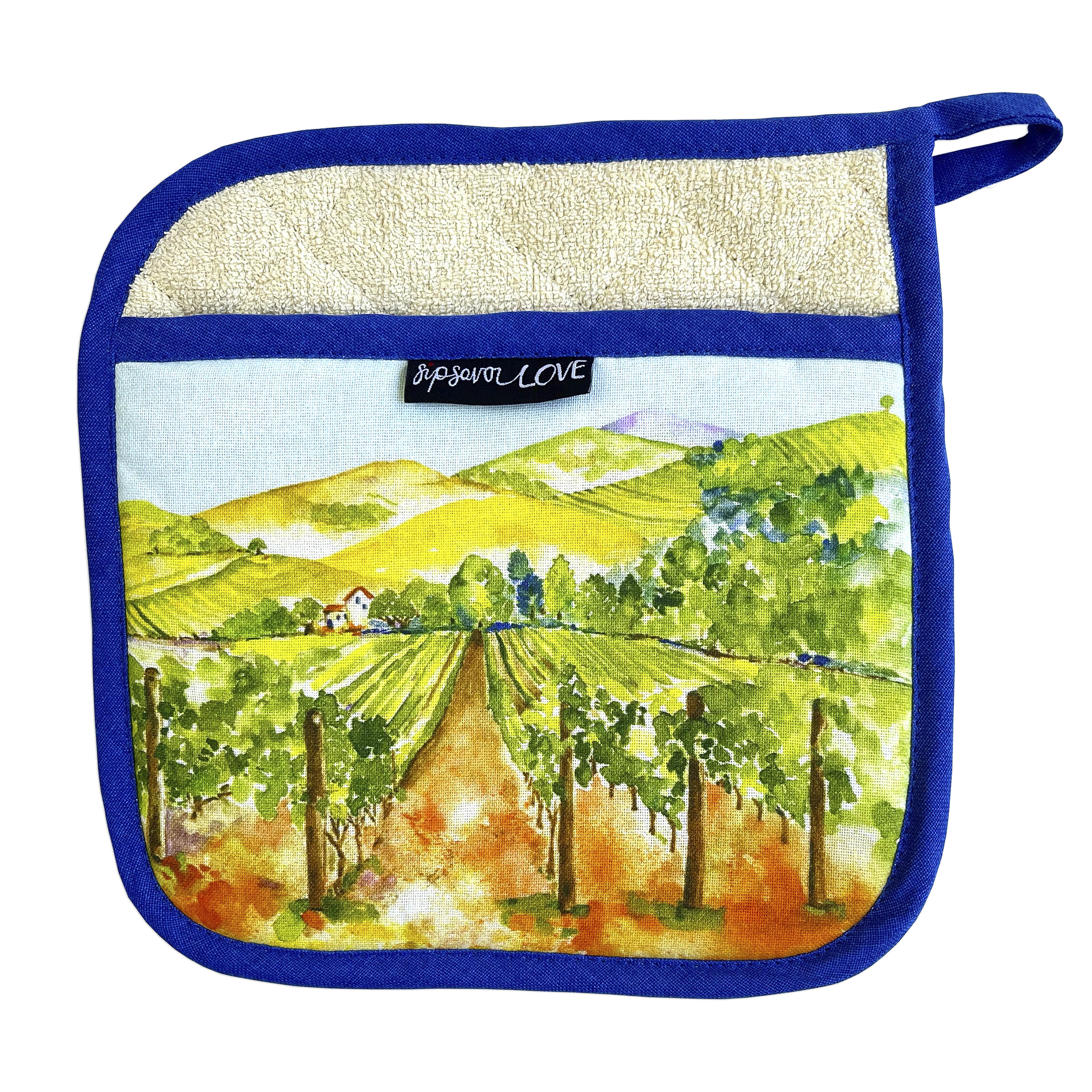 "Among The Vines" Pot Holder (blue or green trim)