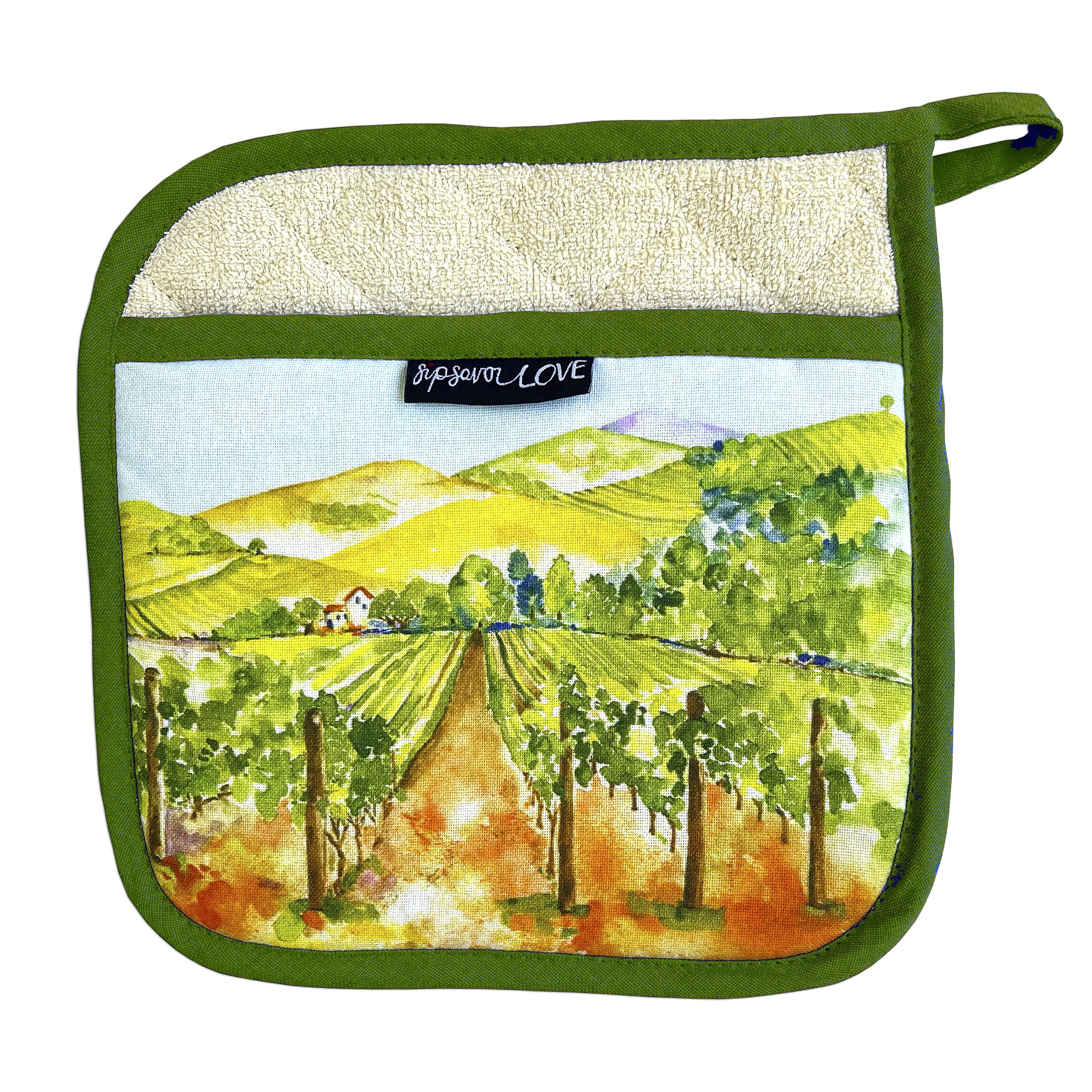 "Among The Vines" Pot Holder (blue or green trim)