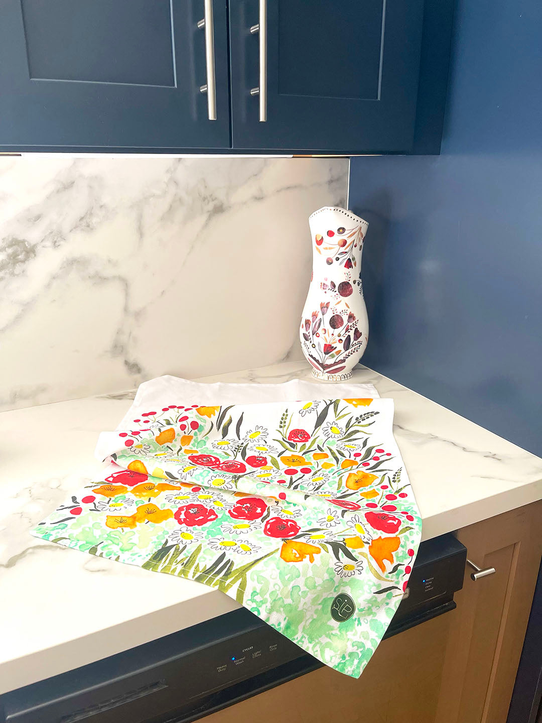 Colorful Floral Bouquet Kitchen Dish Towel, Organic Cotton Joyful