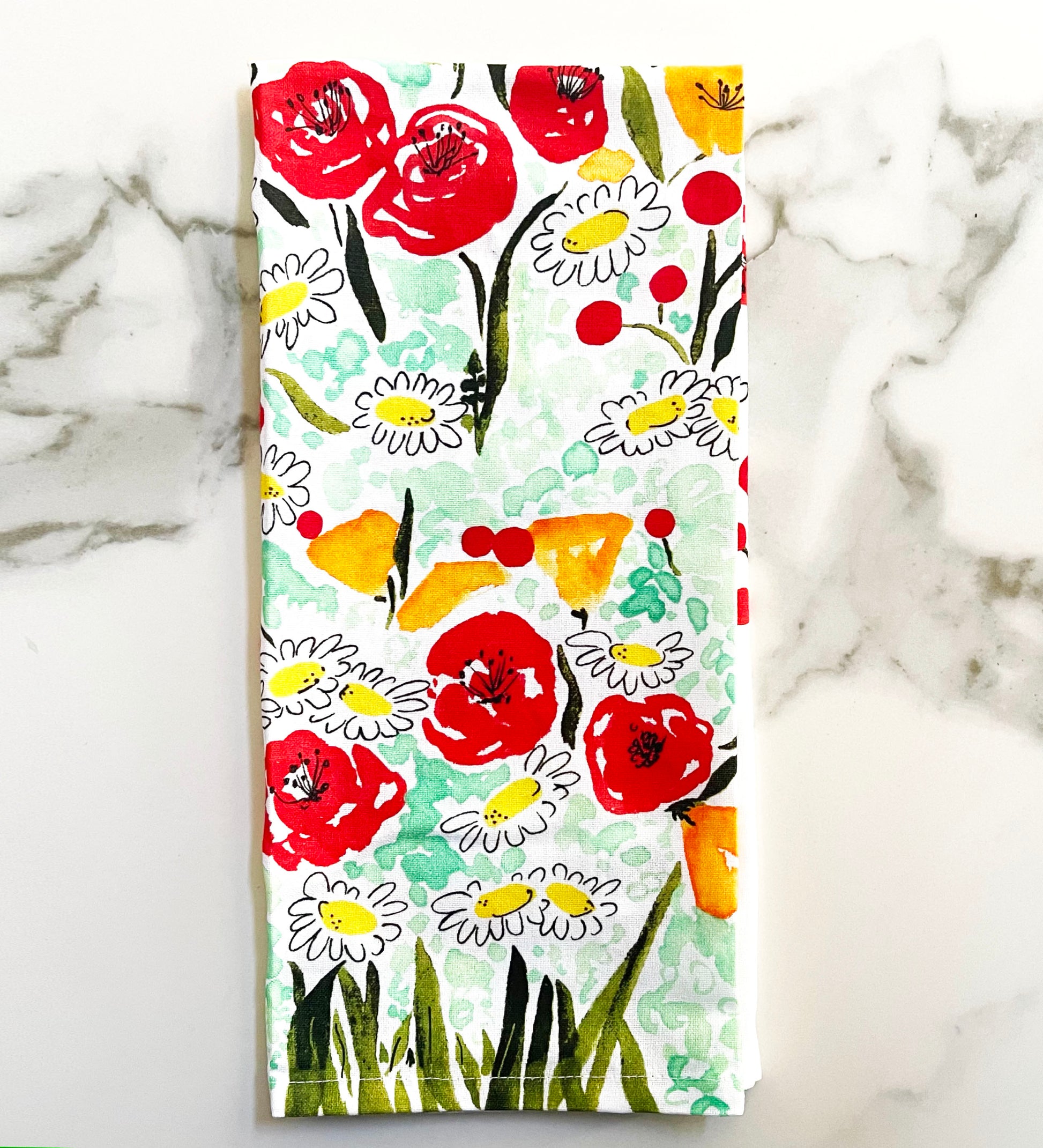 Colorful Floral Bouquet Kitchen Dish Towel, Organic Cotton Joyful