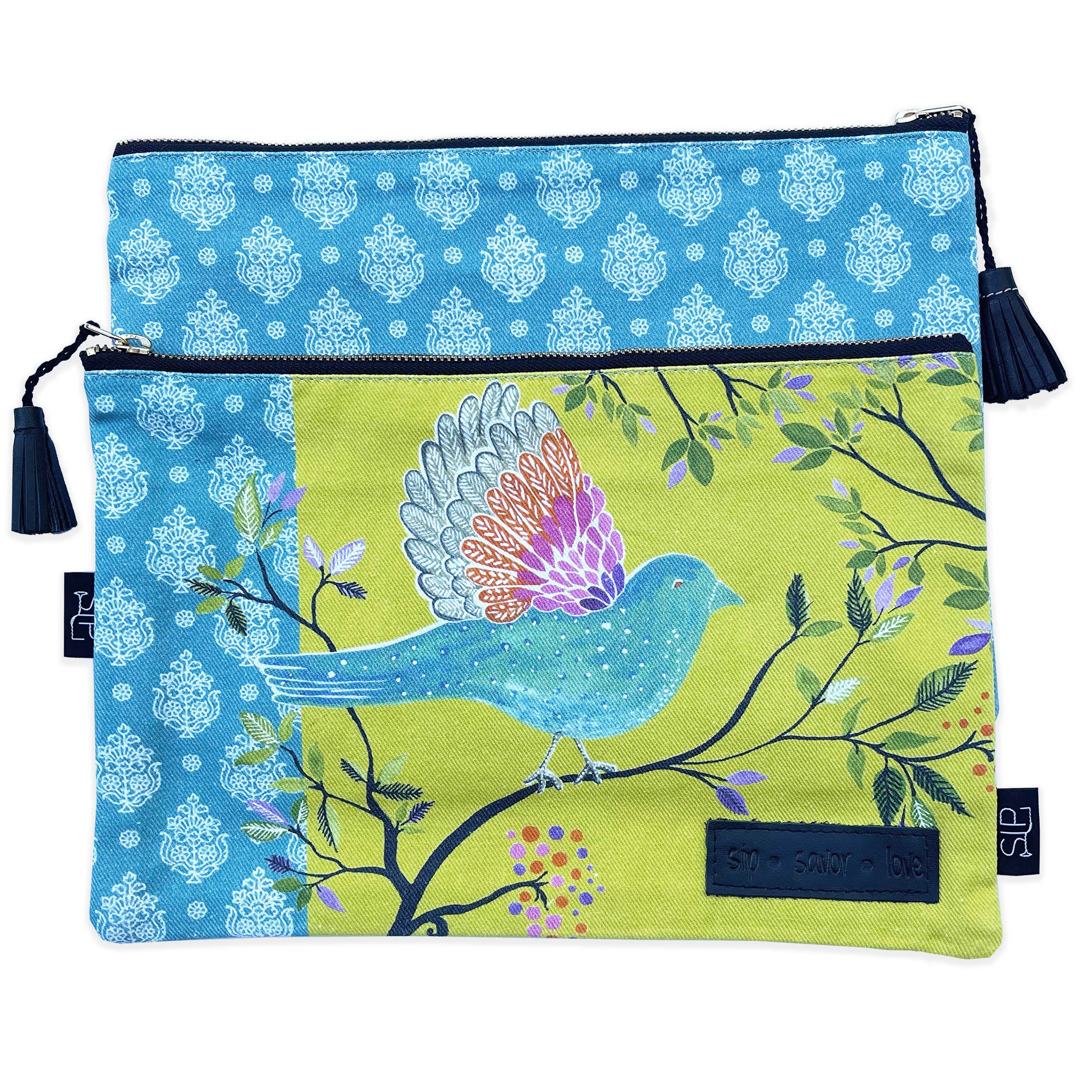 Pink Floral Blue Mini Clutch Bag Purse, Organic Cotton 